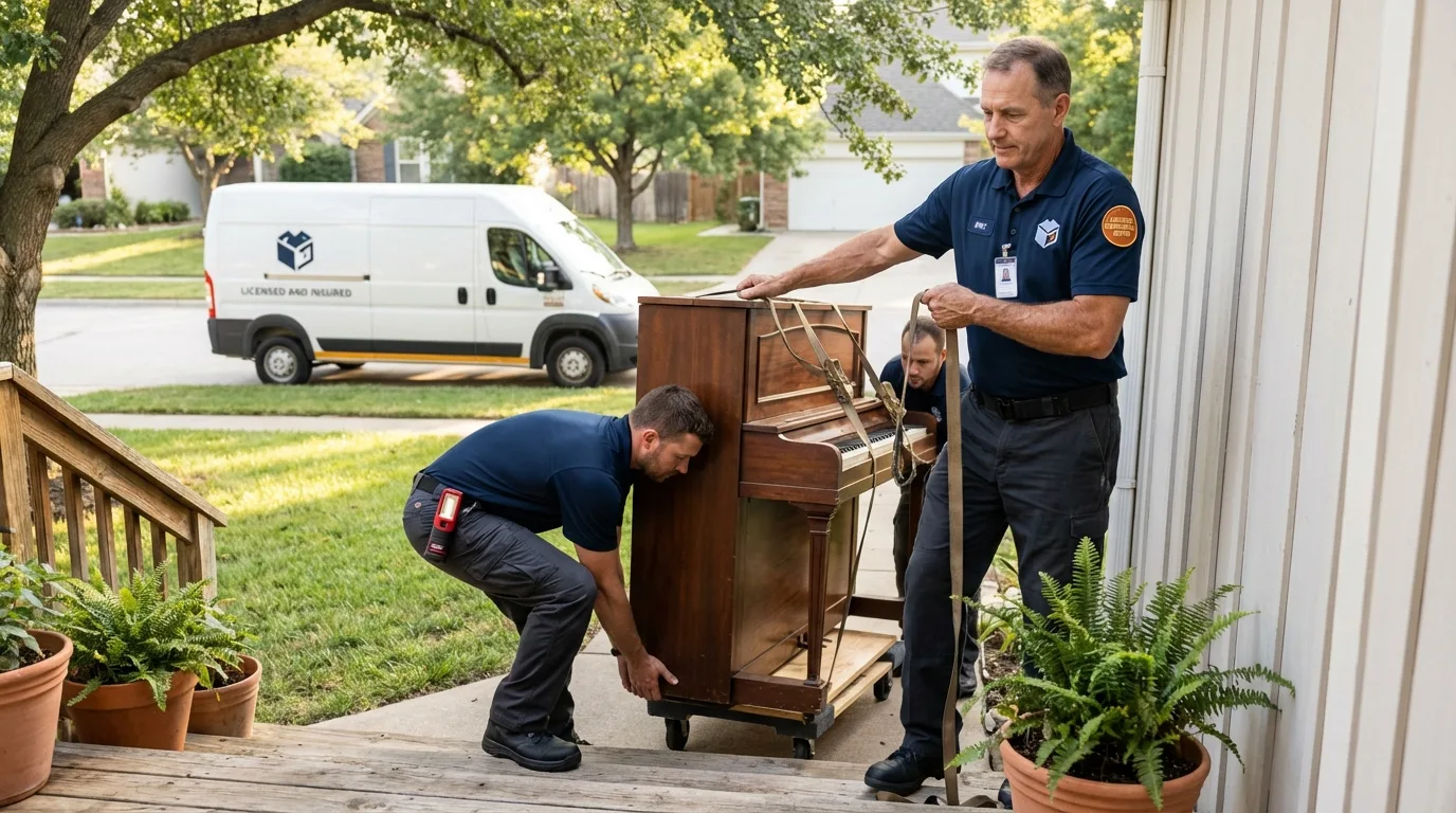 Licensed piano movers securing grand piano in Healy, AK